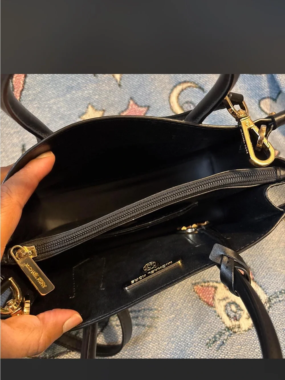 Michael Kors Black Studded Saffiano Satchel with Gold MK Charm